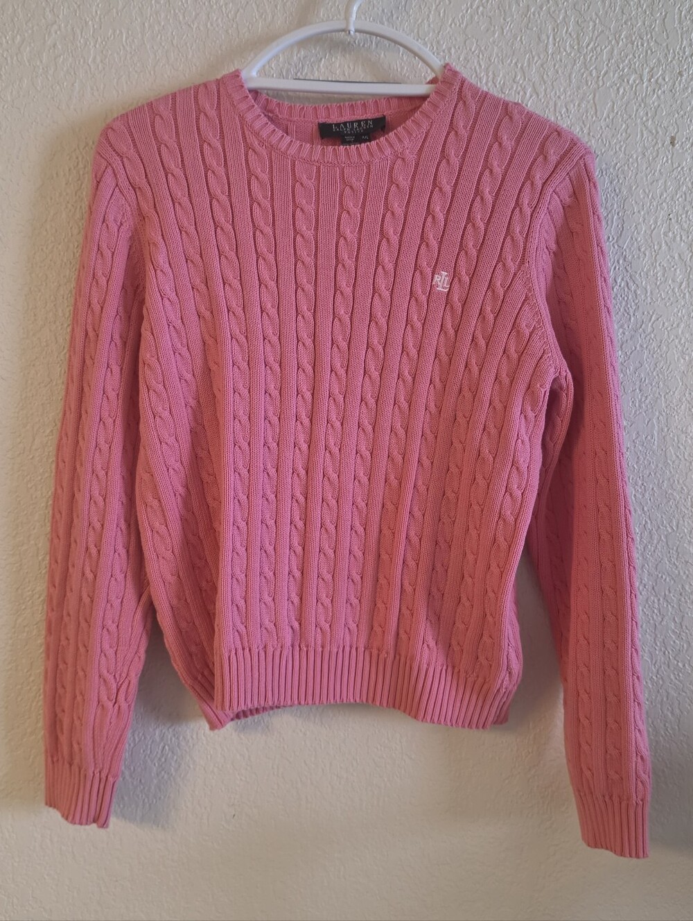 Lauren Ralph Lauren Sweater Womens Petite PL Pink Cotton Cable Knit Crewneck